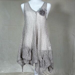 Adorn Women Boho Tank Dress Tunic Top Open Knit Sequins Sheer Light Gray sz L/XL
